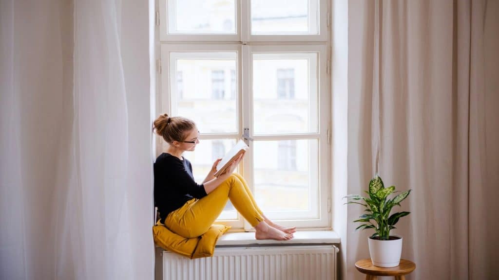 A woman reading by the window.