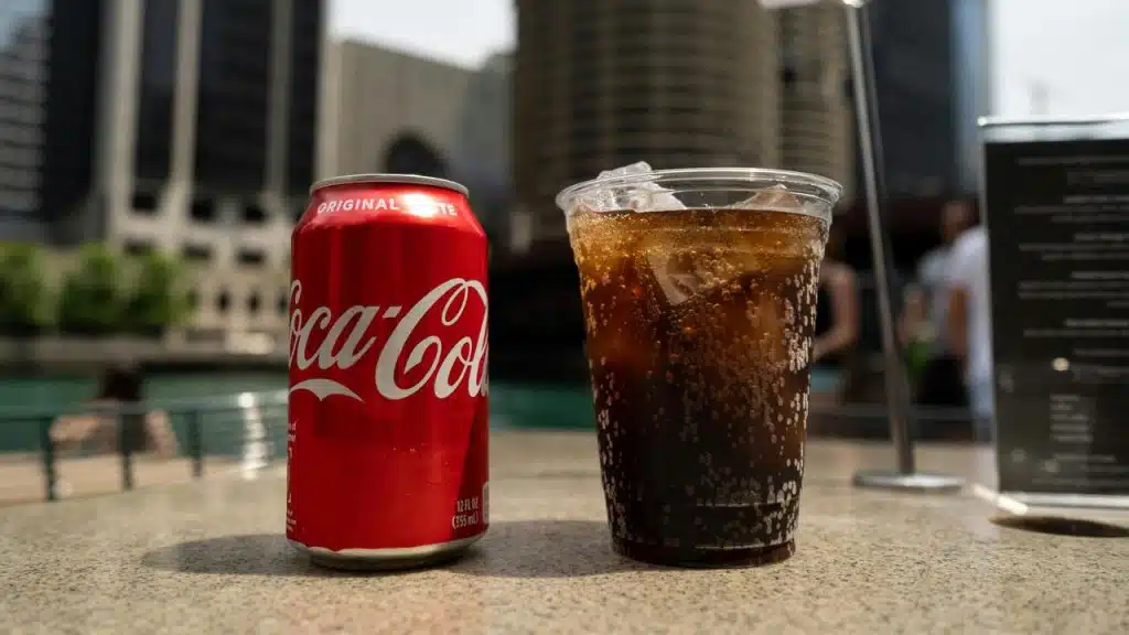A Coca-Cola can beside a plastic cup of iced cola on an outdoor table with blurred city buildings behind.