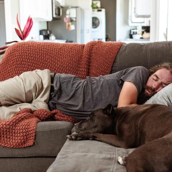 A bearded man and his dog sleeping on a gray couch.