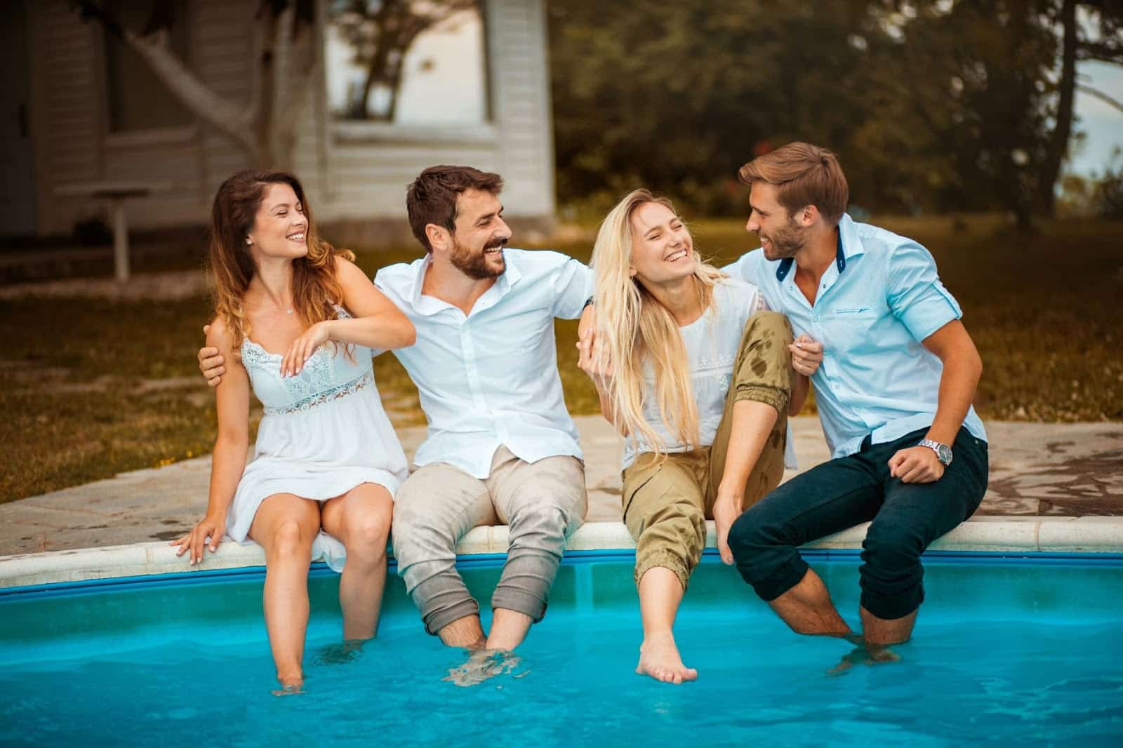 A group of people on the pool.