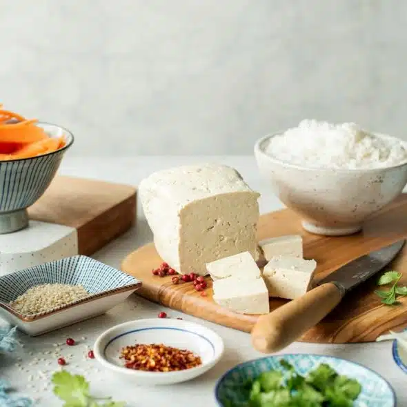 A block of cubed tofu on a wooden board with bowls of rice, vegetables, seeds, and spices.