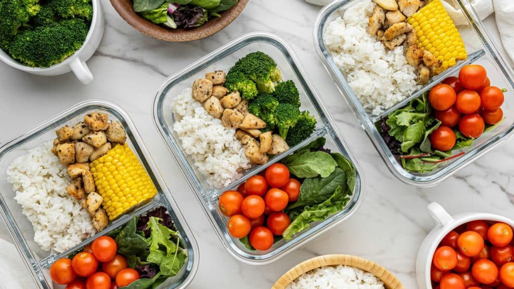 A trio of meal prep containers filled with rice, seasoned chicken, broccoli, corn, and cherry tomatoes.