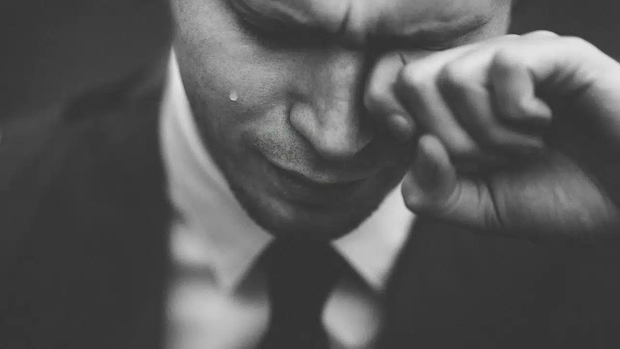 A grayscale close-up shows a man crying with a tear on his cheek.