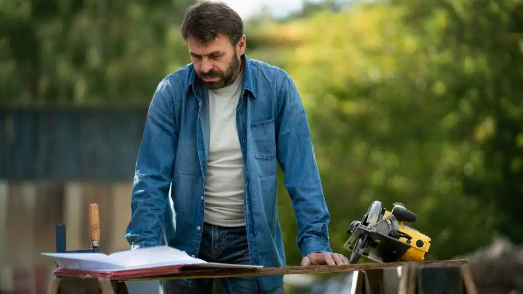 A bearded man in a denim shirt looks intently at papers on a table with a circular saw.