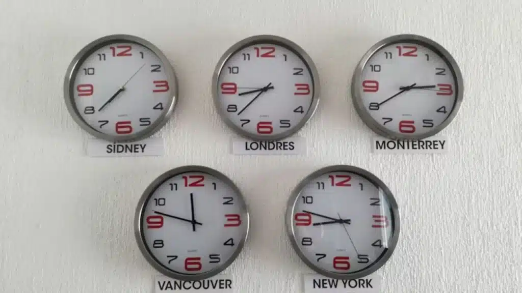 Clocks showing multiple time zones across countries.