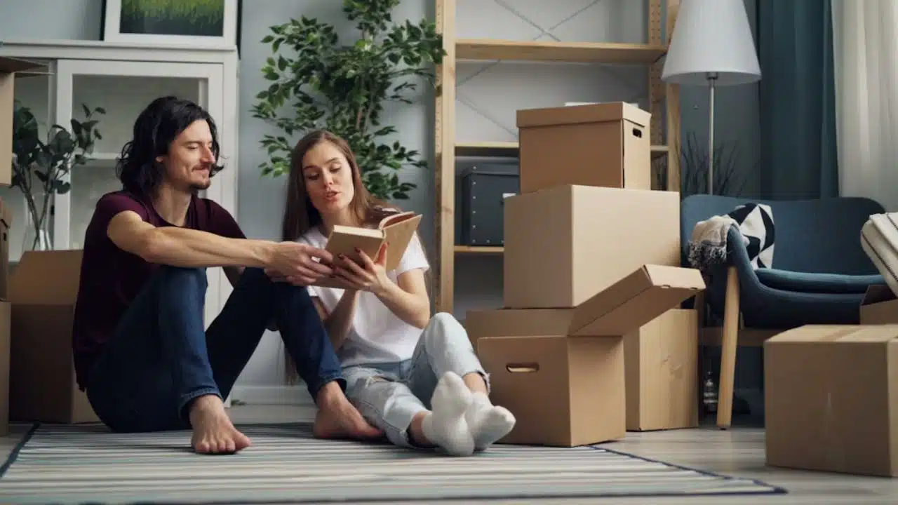 Couple making plans with moving boxes.