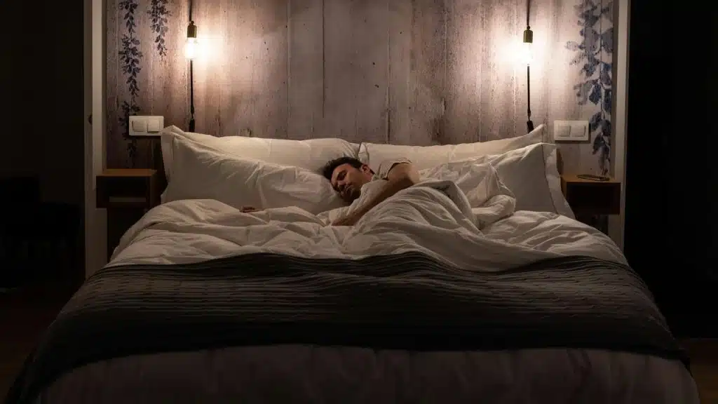 A man sleeping on a neatly made bed under warm bedside lights.