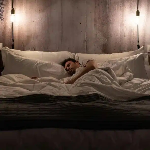 A man sleeping on a neatly made bed under warm bedside lights.