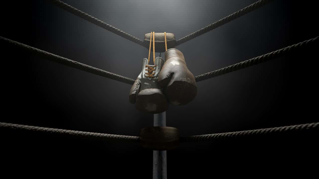 Boxing gloves in a boxing ring.