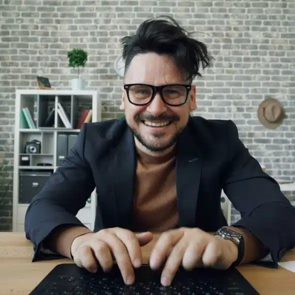 A man smiling while typing on a keyboard.