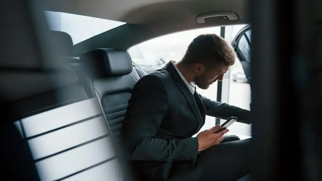 A businessman entering his car.
