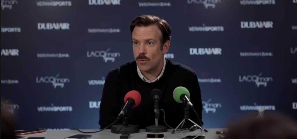 A picture of Ted Lasso while in the interview.