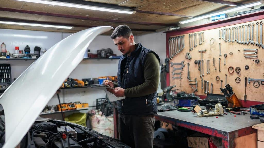 A mechanic inspects a car’s engine with a clipboard in a tool-lined workshop.