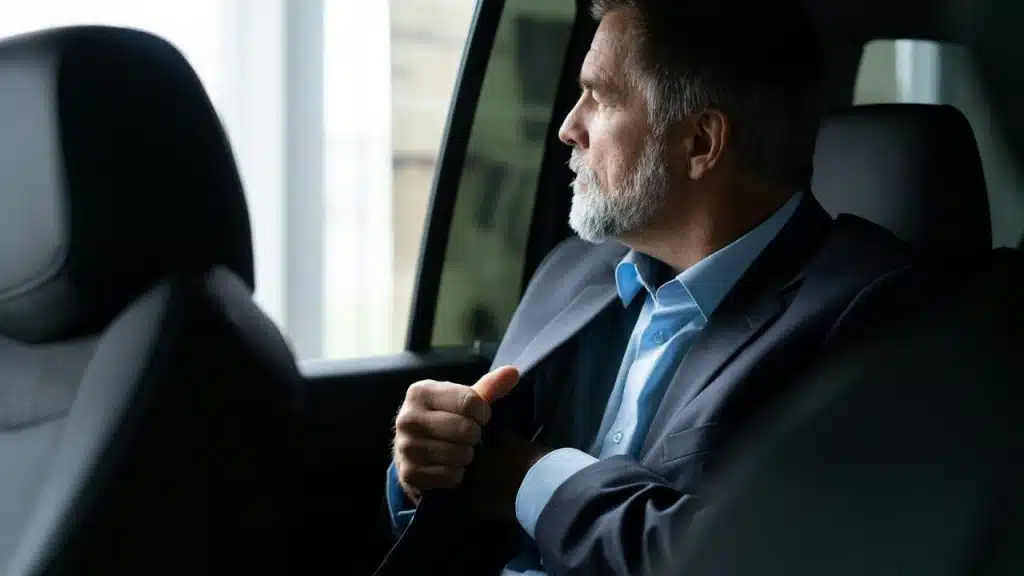 A bearded man in a suit and blue shirt looks out the car window.