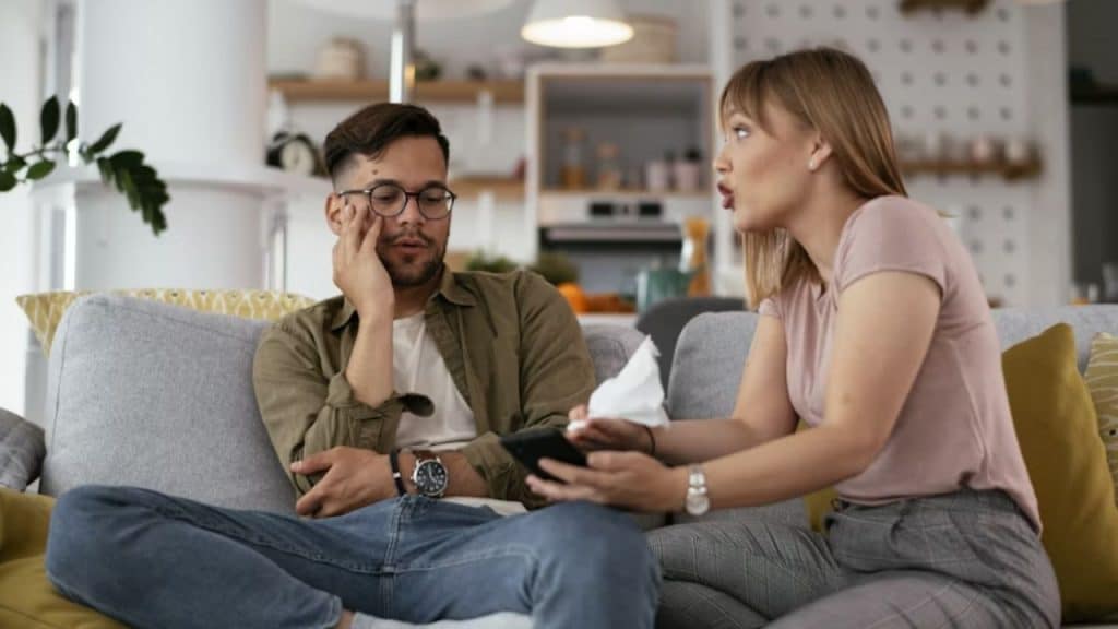 Man showing active listening during a serious relationship talk.