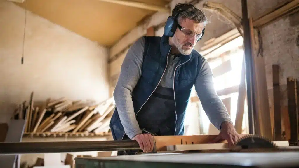 A craftsman in safety gear precisely cuts wood with a circular saw in a workshop.