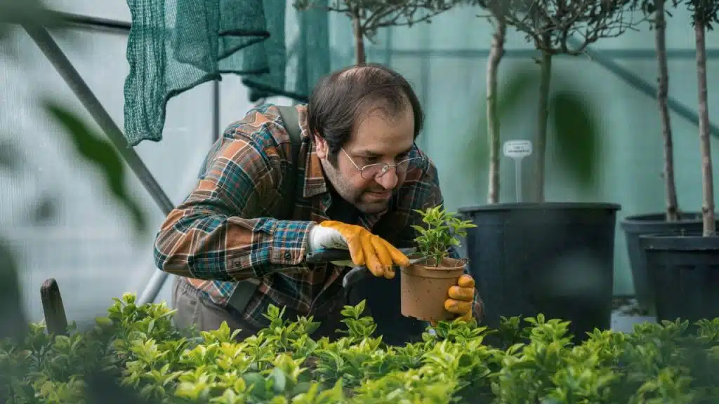 A man in glasses and gloves carefully tends to a small plant in a pot in a greenhouse.