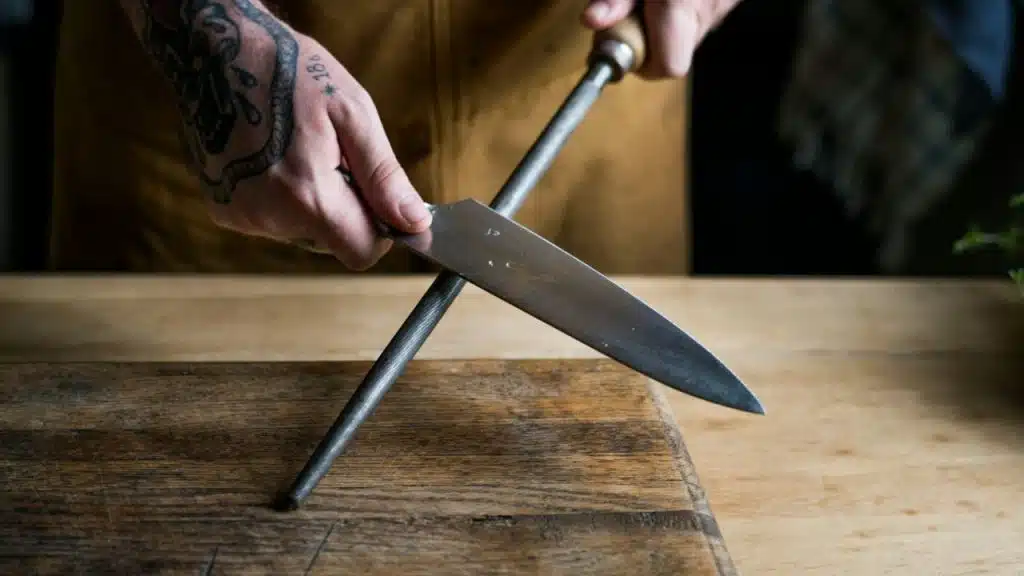 A tattooed hand sharpens a knife on a honing steel, resting on a wooden surface.