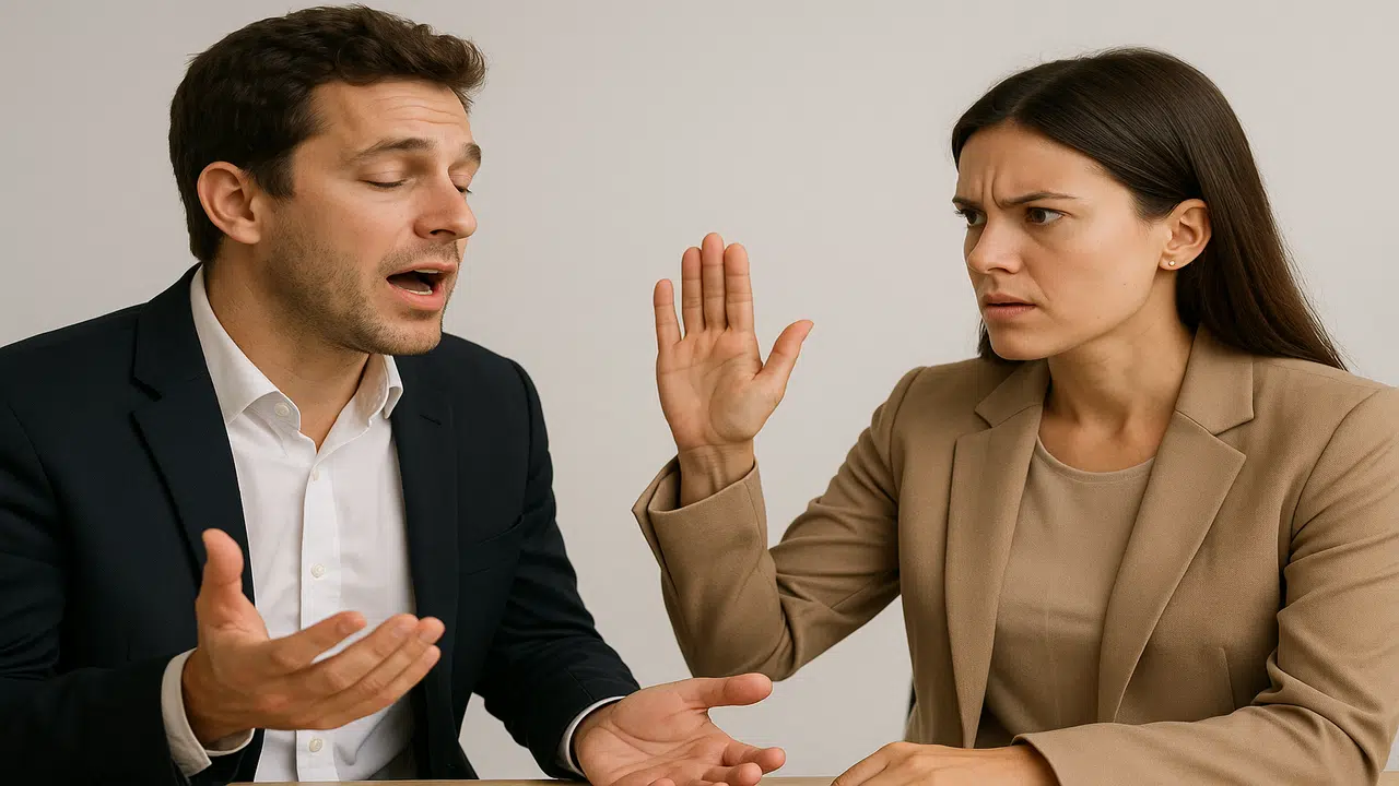 A woman interrupting a man while he’s mid-sentence