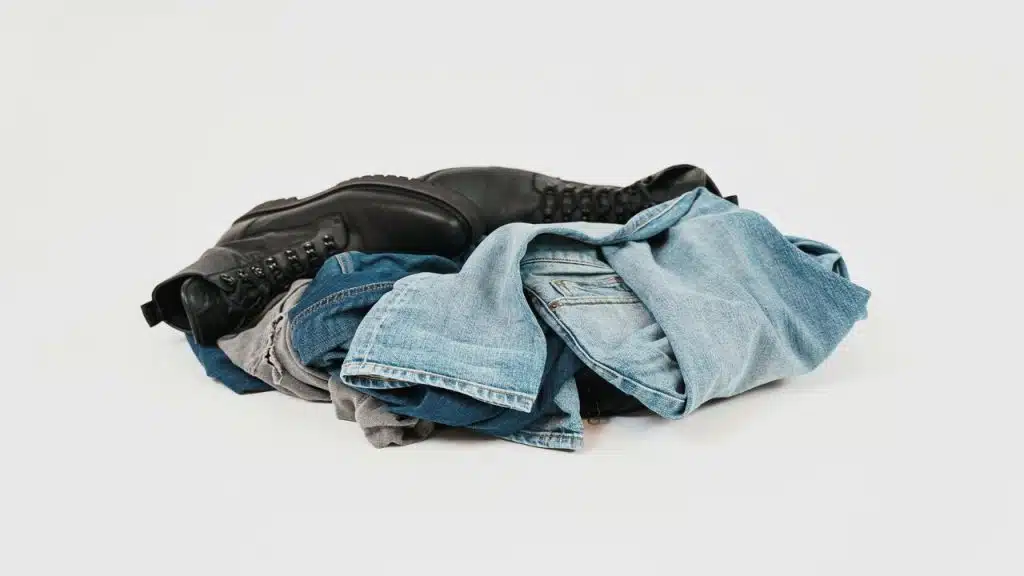 A pile of jeans and shoes