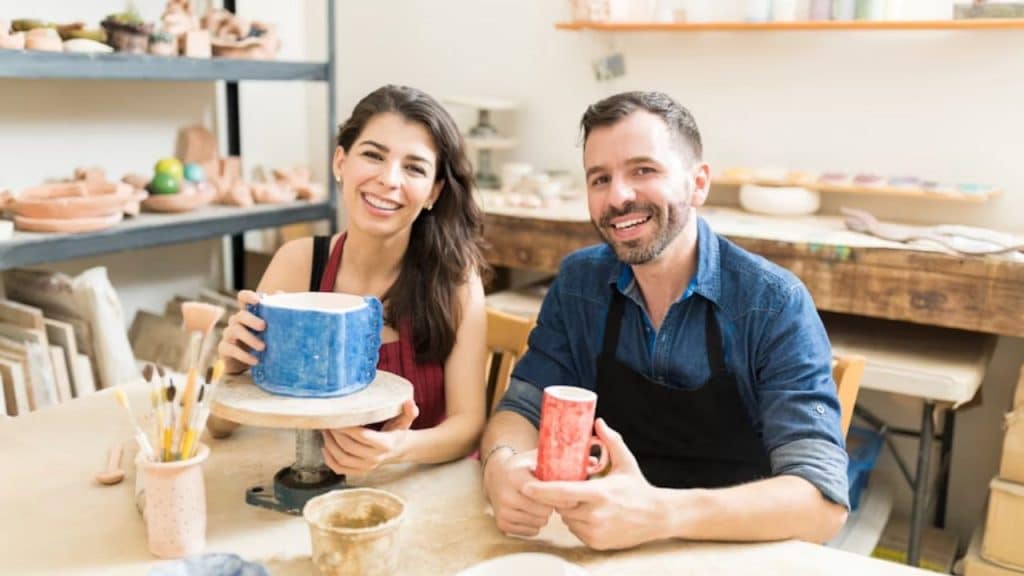 Couple enjoying a pottery class