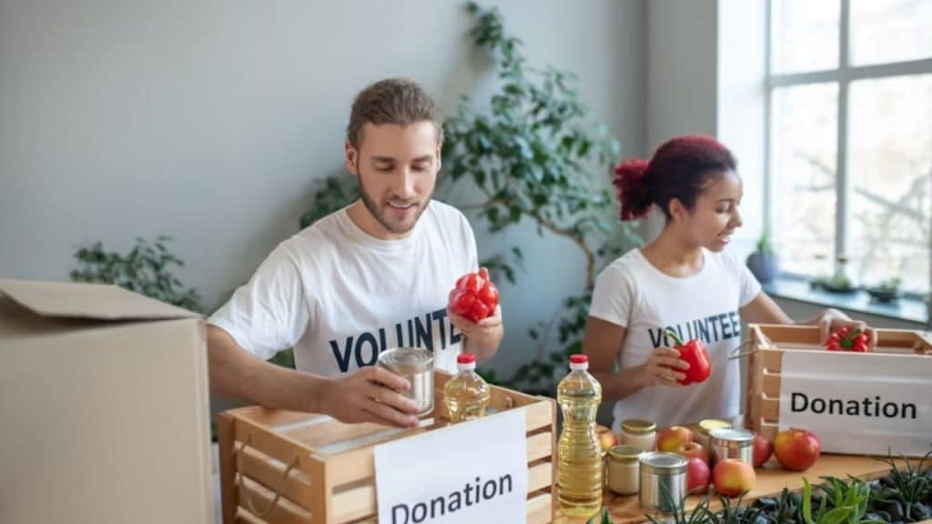 Couple volunteering at a food bank or local event