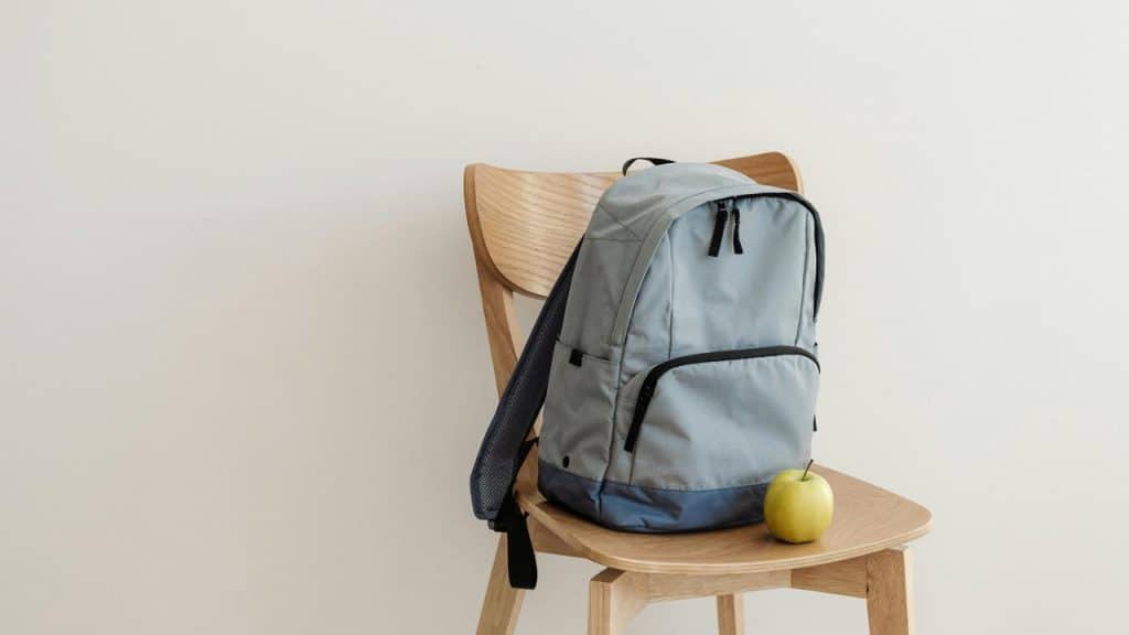 A grey backpack and a green apple on a wooden chair.
