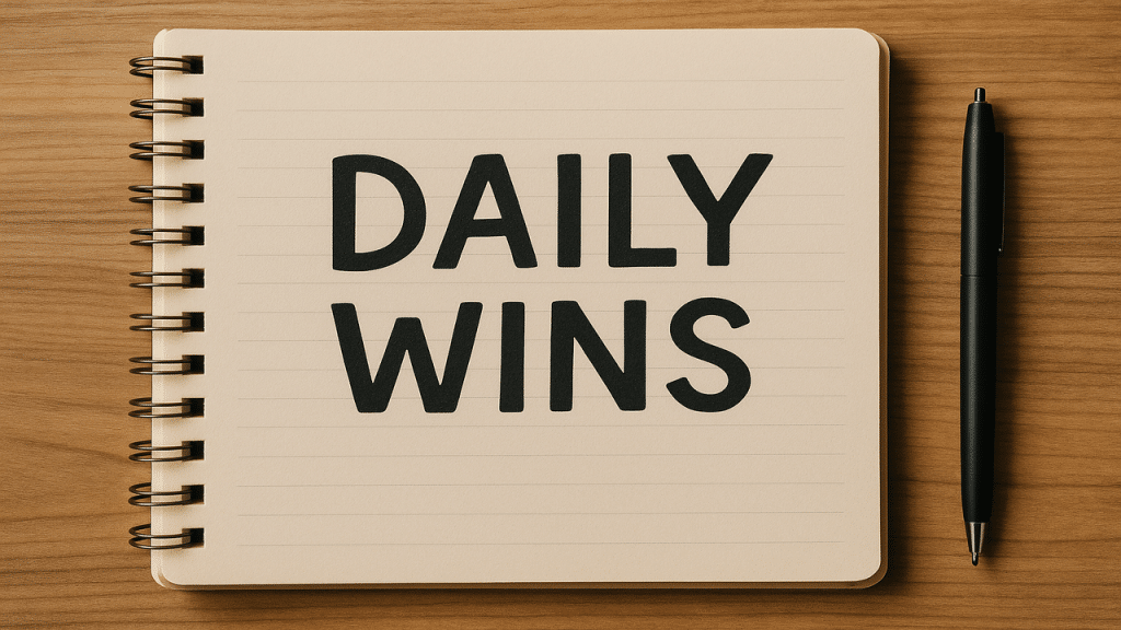 A notebook with the words “daily wins” written on it.