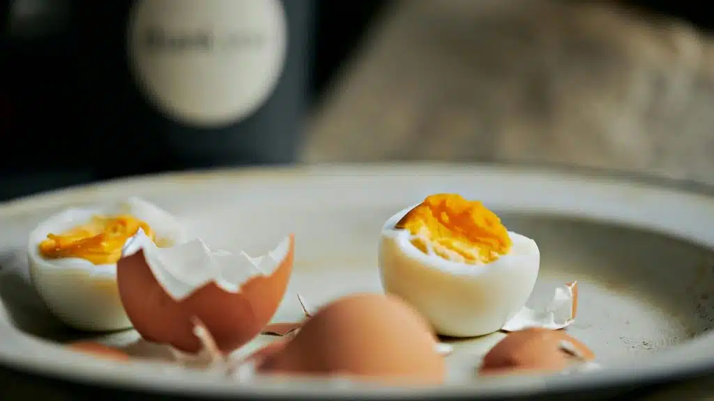A plate with two halved soft-boiled eggs and scattered cracked eggshell pieces.
