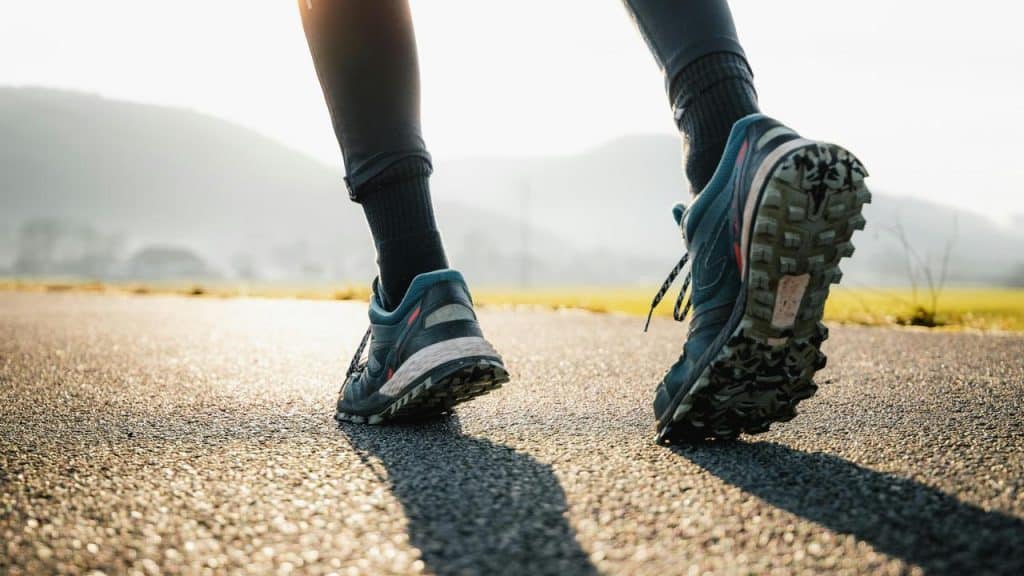 A pair of trail running shoes on a sunlit road.