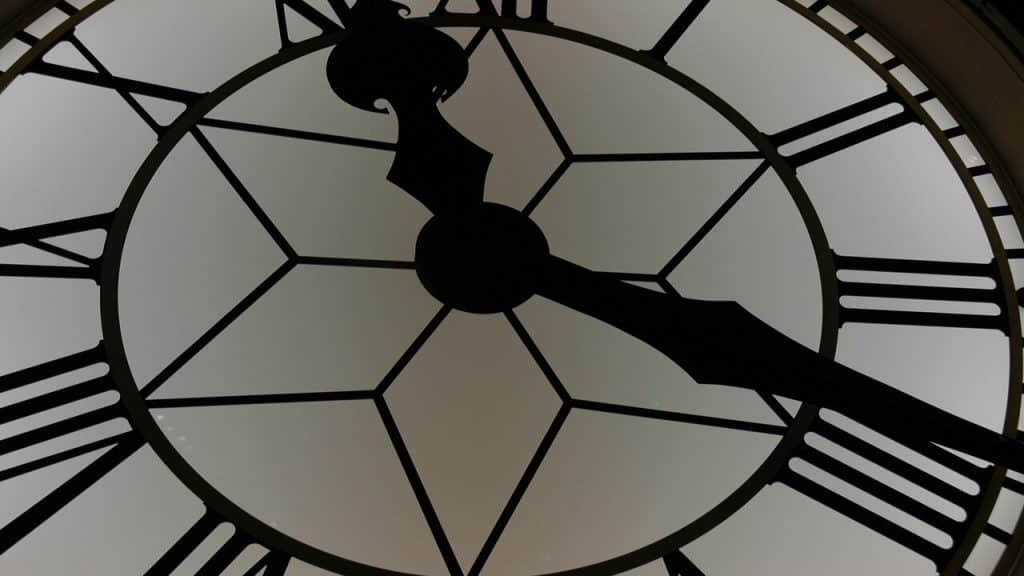 Close up of a black and white clock.