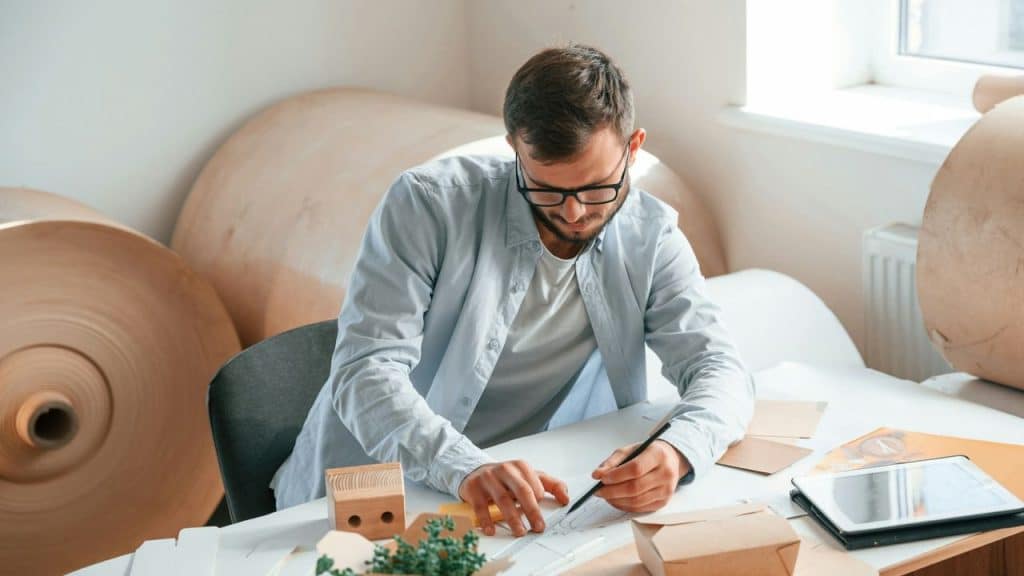 A man in glasses and a light blue shirt draws at a desk, with large paper rolls behind him.