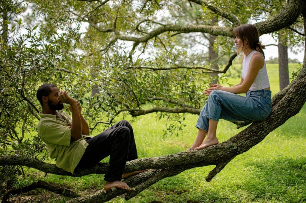 A man and woman talking while sitting at the tree