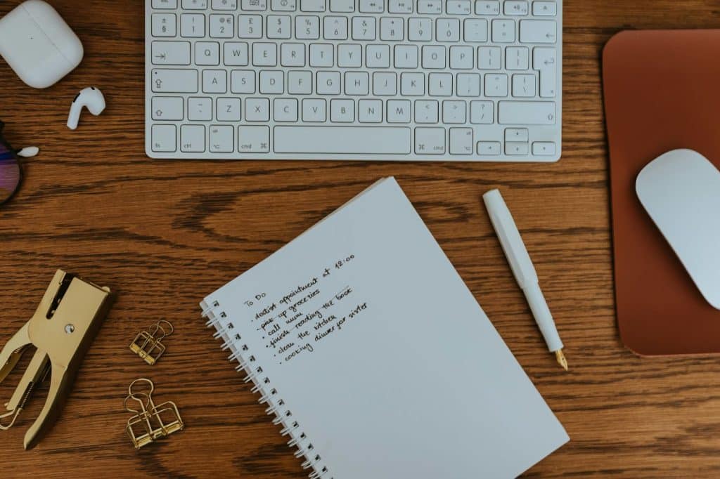 A picture of a table with writing materials