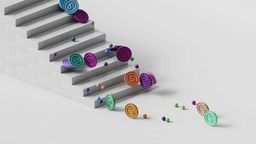 A 3D rendering of coins falling down the stairs.