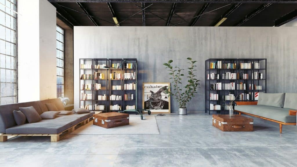 A living room with book shelves.