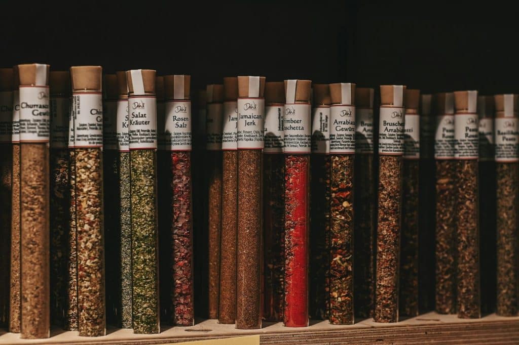 Herbs and spices on a bottle.