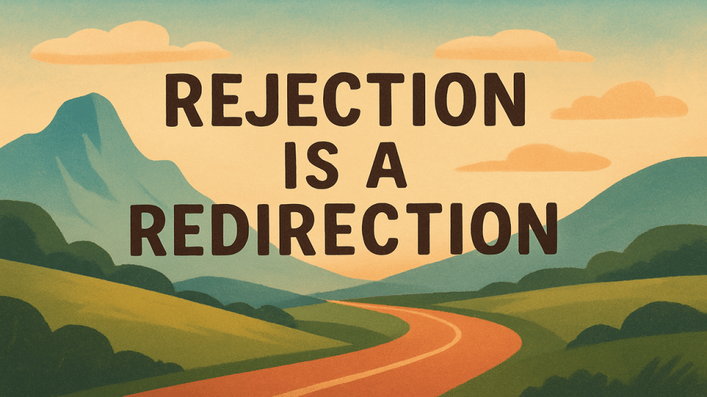 A typography saying “rejection is a redirection”.