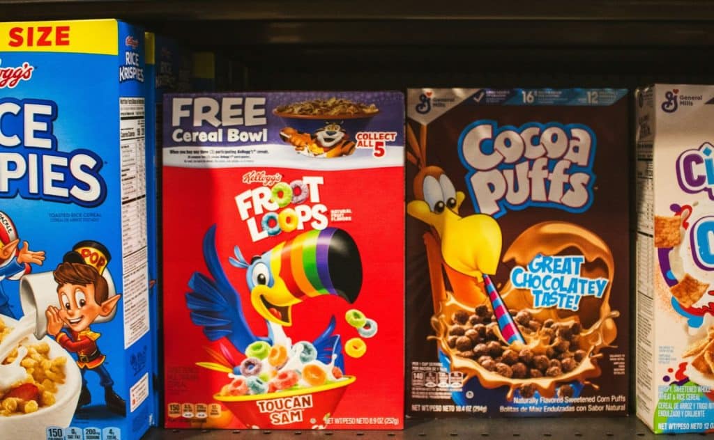 A picture of few examples of sugary cereals.
