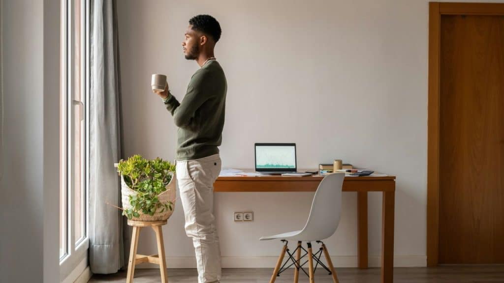 A man stands by a window, holding a mug, looking out, with a desk nearby.