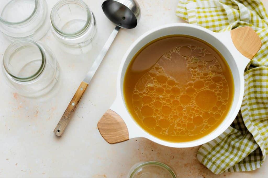 A picture of bone broth in a bowl.