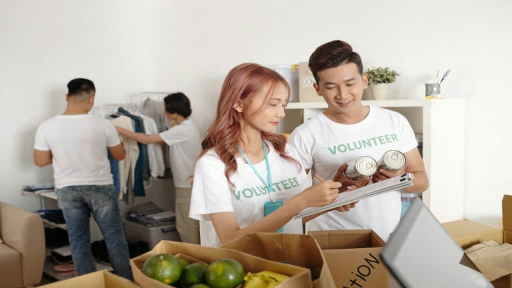 A group of volunteers organizing donations.
