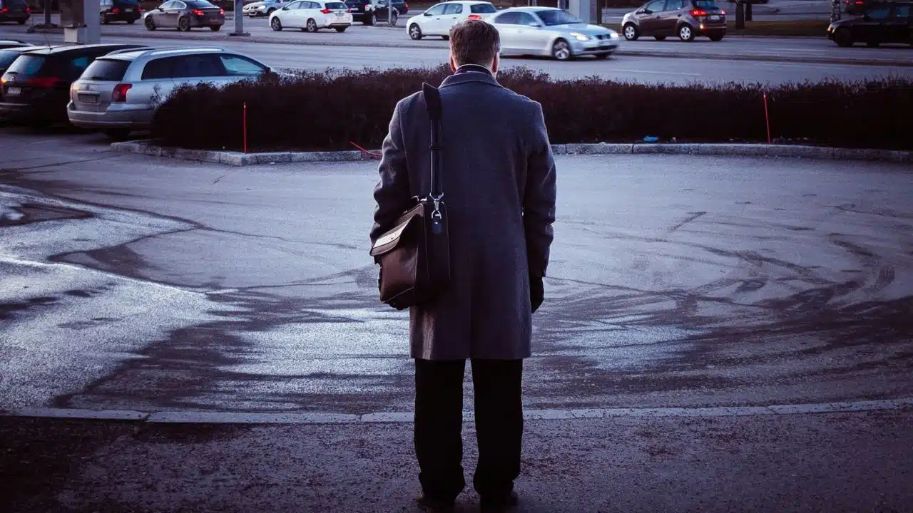 A man in a coat and briefcases stands in a parking lot, watching cars pass.