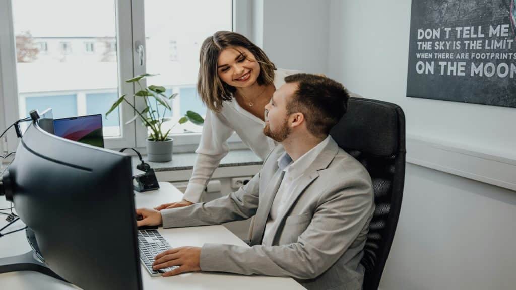 Colleagues talking about work