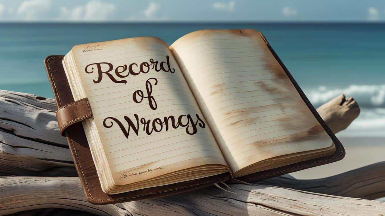 A notebook with the words “record of wrongs” written on it.