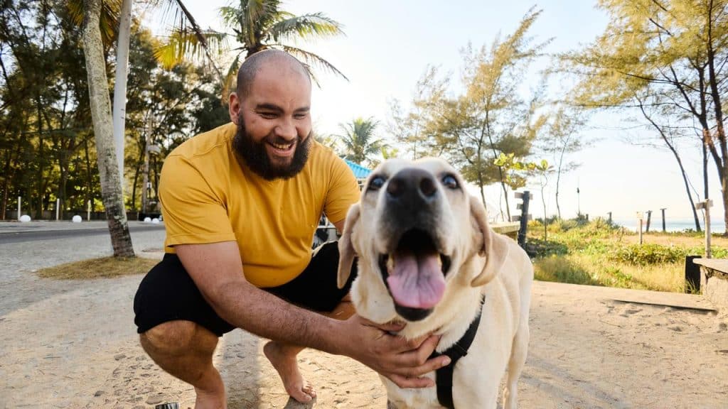 A man crouching to pet a happy Labrador by the beach.