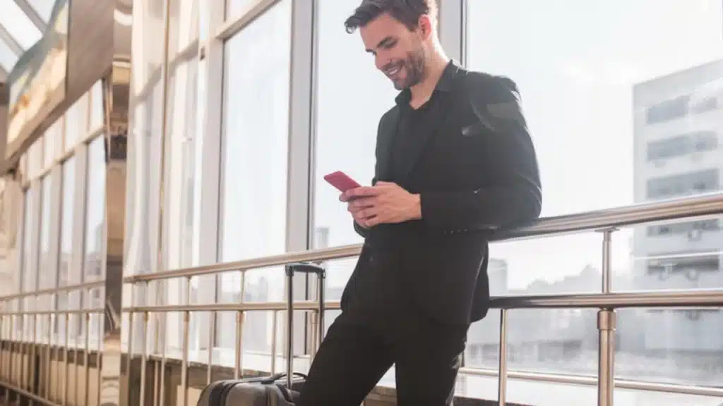 Couple having a video call with engaged expressions.
