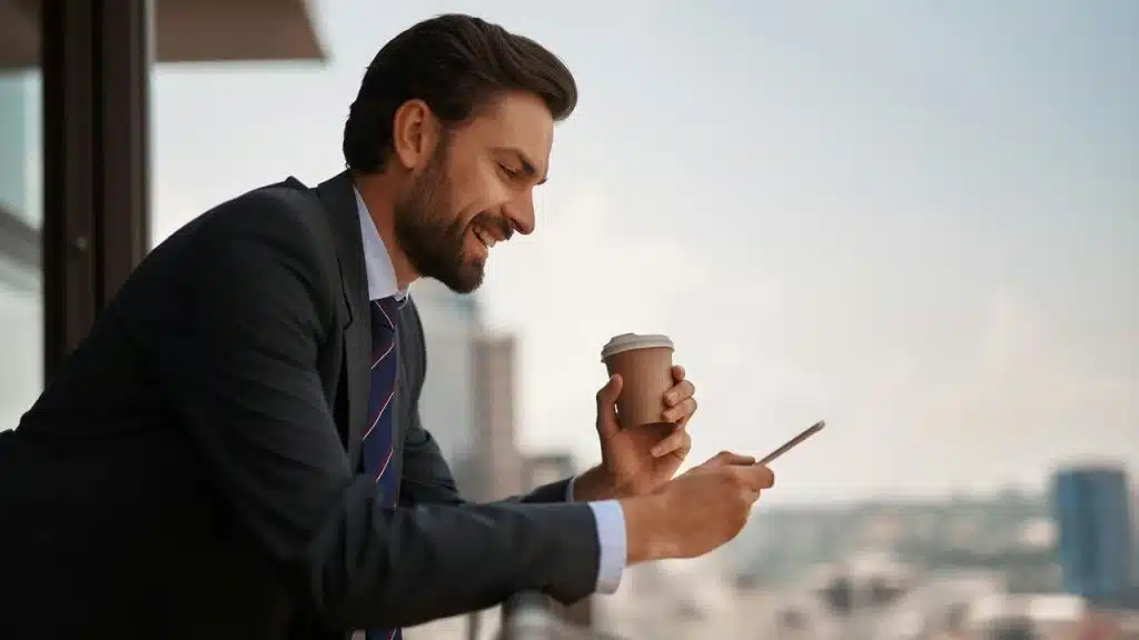 A businessman on a balcony checking his phone with a coffee.