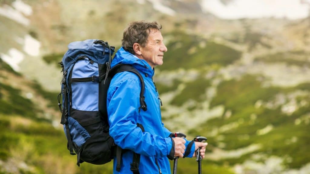 A man in a blue jacket and a large blue backpack stands outdoors with trekking poles.