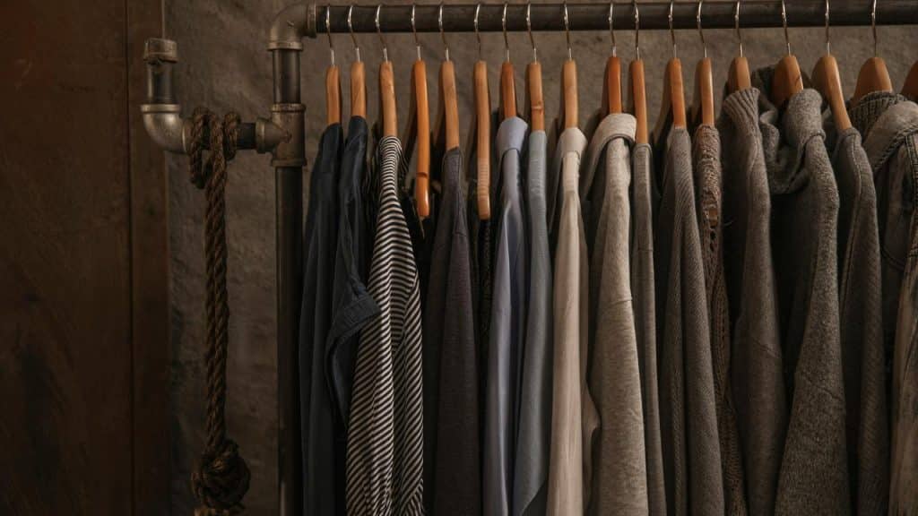 A clothing rack holding assorted neutral-toned shirts and sweaters on wooden hangers.